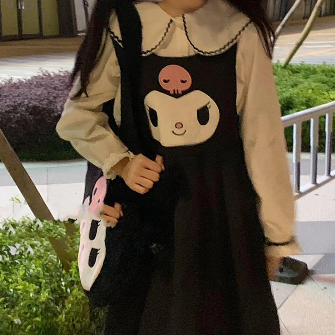 

Юбка на подтяжках Kawaii Sanrio Kuromi, весна и осень, милая черная юбка Y2K средней длины для девушек, свободная хлопковая Подарочная юбка