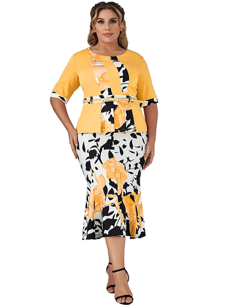 

African Mermaid Dress Women With Belt Half Sleeve Splice Dashiki Africa Clothing 2022 Fashion New Print African OL Mermaid Dress