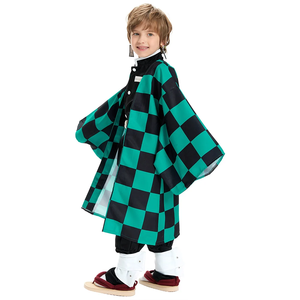 

Kids Children Demon Slayer Kimetsu no Yaiba Kamado Tanjiro Cosplay Costume Kimono Cloak Full Set Anime Halloween Carnival Suit