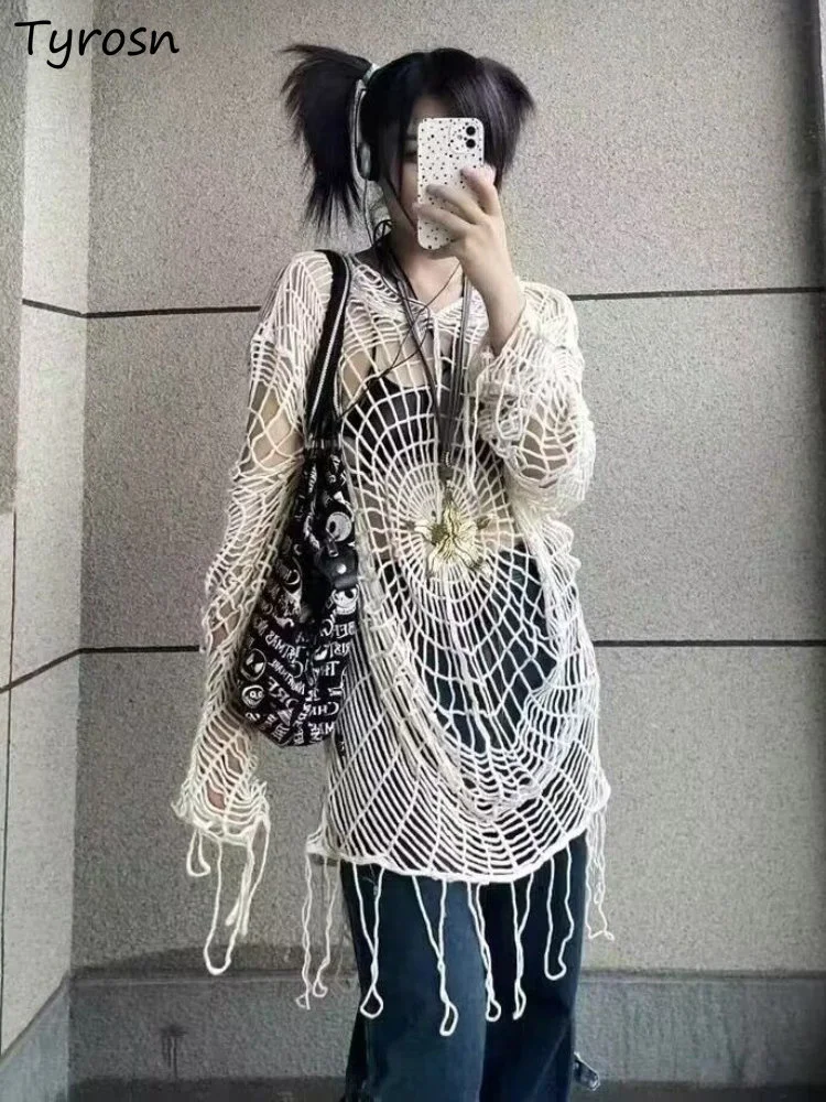 

Hollow Out Pullovers Women ded Baggy Tassel Thin Summer Sexy High Street Y2k Gothic Clothes Solid E-girl Korean Fashion Retro