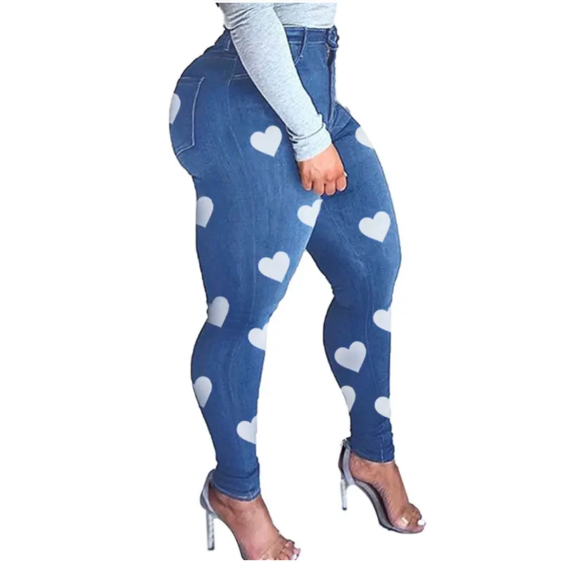 Blue High Stretch Sexy Skinny Pencil Jeans Women's New Y2K Plus Size Printed Heart Shaped Jeans Mommy 2XL Retro 2022 Streetwears
