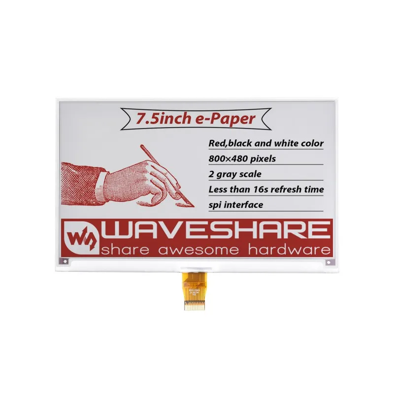 Фото Waveshare 800×480, красный/черный/белый, SPI, 7,5-дюймовый дисплей E-Paper E-Ink HAT (B) для Raspberry Pi №2