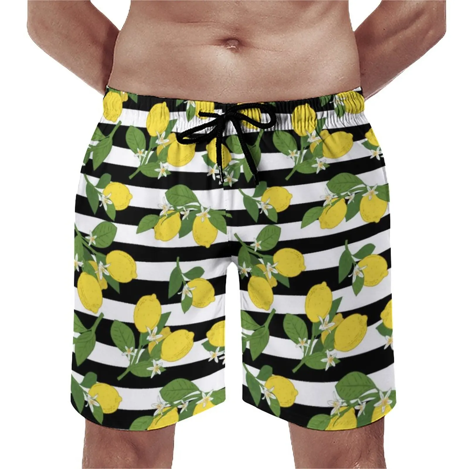 

Lemon Lemons Yellow Board Shorts Black And White Stripes Classic Beach Short Pants Men Print Oversize Swim Trunks Birthday Gift