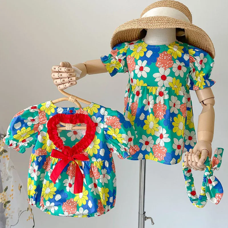 

Sister Outfit Baby Girls Clothes Flower Short Sleeve Dress And Newborn Baby Romper Infant Kids Clothing Princess Dress Summer