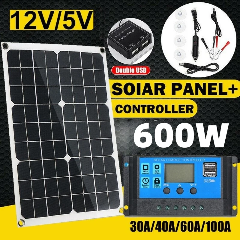 

600W Solar Panel Kit Complete 12V USB With 100A Controller Solar Cells for Car Yacht RV Boat Moblie Phone Battery Charger