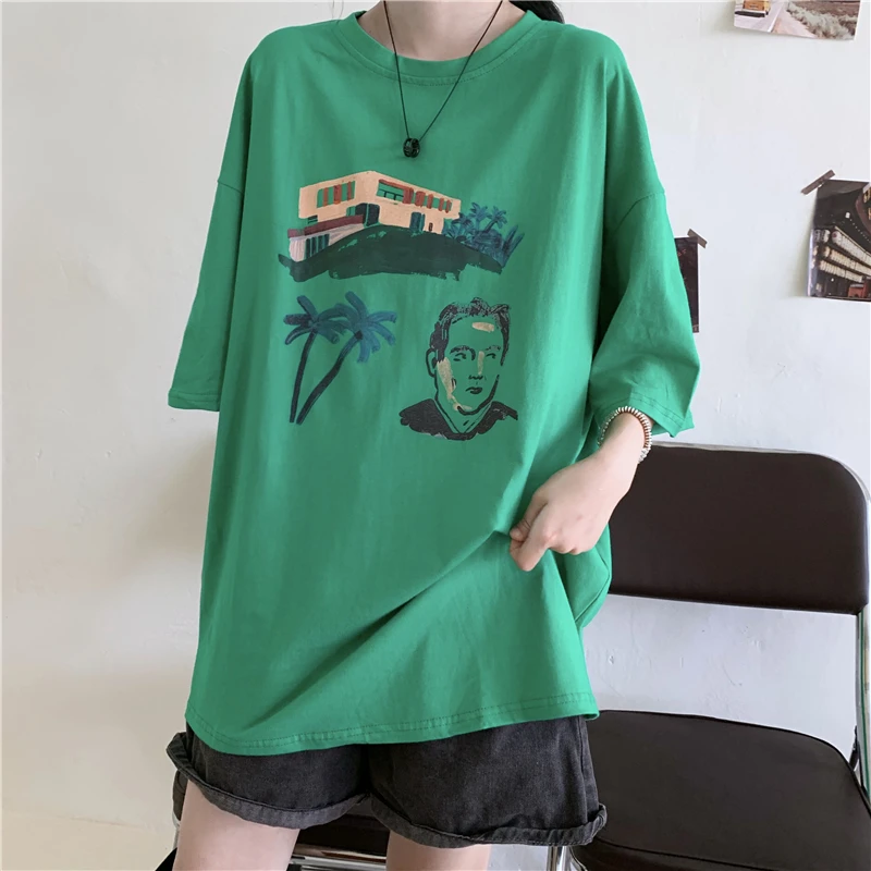 Short-Sleeved Cotton T-Shirt Women 2022 Summer Clothes College Style Cartoon Printing Mid-Length Oversized Top