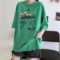 short sleeved cotton t shirt women 2022 summer clothes college style cartoon printing mid length oversized top