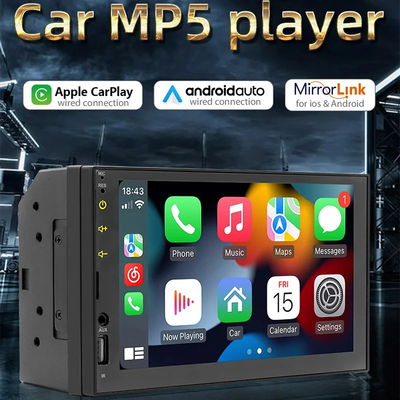 2 Din Car Audio 7-дюймовый QLED-дисплей Android MP5 Беспроводной Auto CarPlay Сенсорный экран