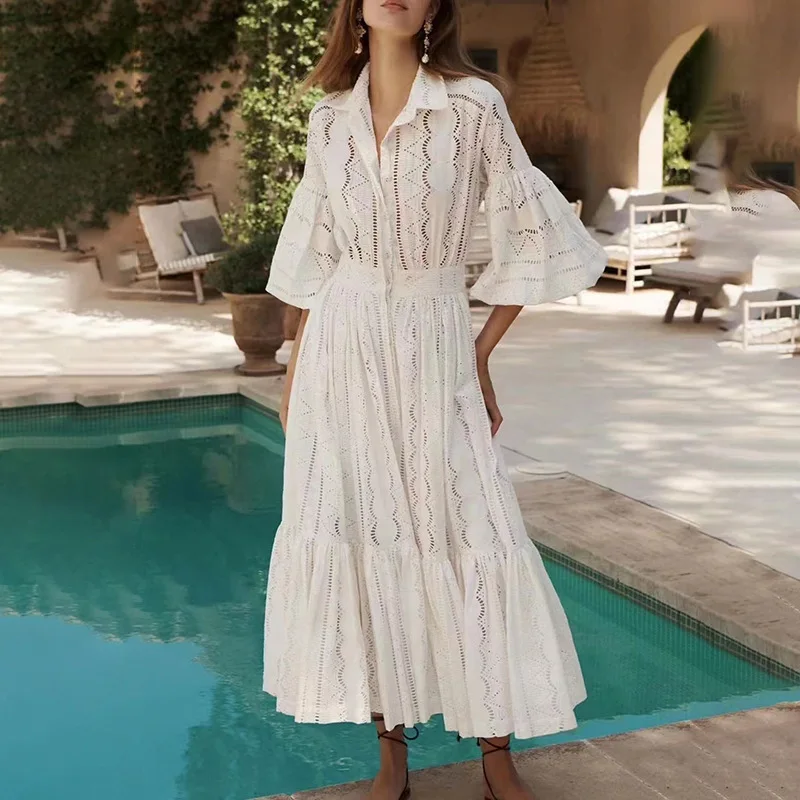 

Женское однобортное платье-поло с вышивкой, длинное однотонное платье из хлопка и конопли с вышивкой и длинным рукавом, в стиле ретро, осень 2023