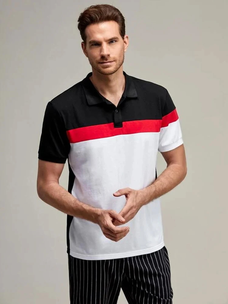 

LUHAODS Men Letter Patch Colorblock Polo Shirt