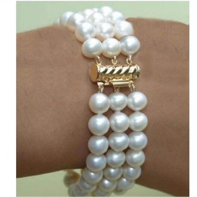 

BEAUTIFUL 3 ROW 8-9MM 7.5-8" SOUTH SEA WHITE NATURAL PEARL BRACELET 14kgp YELLOW