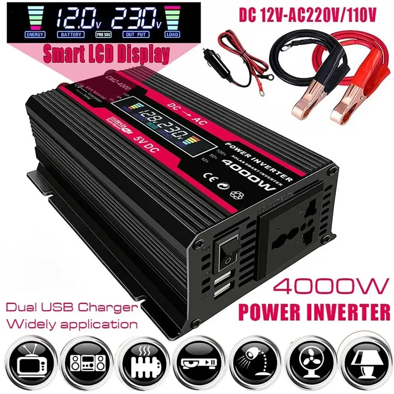 

4000W LCD Display Solar Power Inverter 12V to 110V/220V USB Modified Sine Wave Voltage Transformer Car Adapter Charge Converter