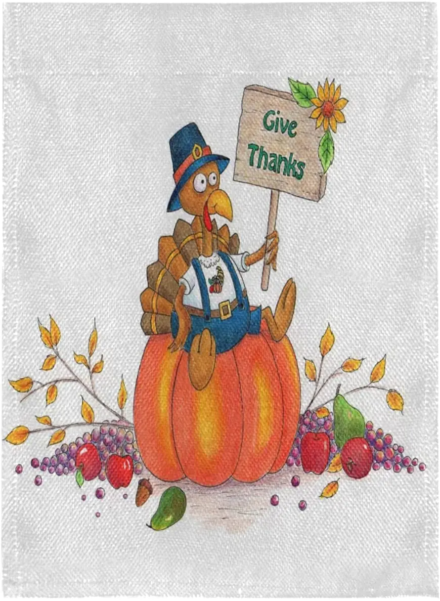

Give Thanks Turkey Burlap Garden Flag Double Sided,House Yard Flags,Holiday Seasonal Outdoor Decorative Flag Banner for Outside