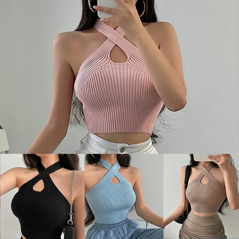 Women/Girl Summer Cross Solid Backless Tank Vest off-shoulder Hanging Neck Knitted Sling Crop Tops New 2023 Sexy Fashion Camis