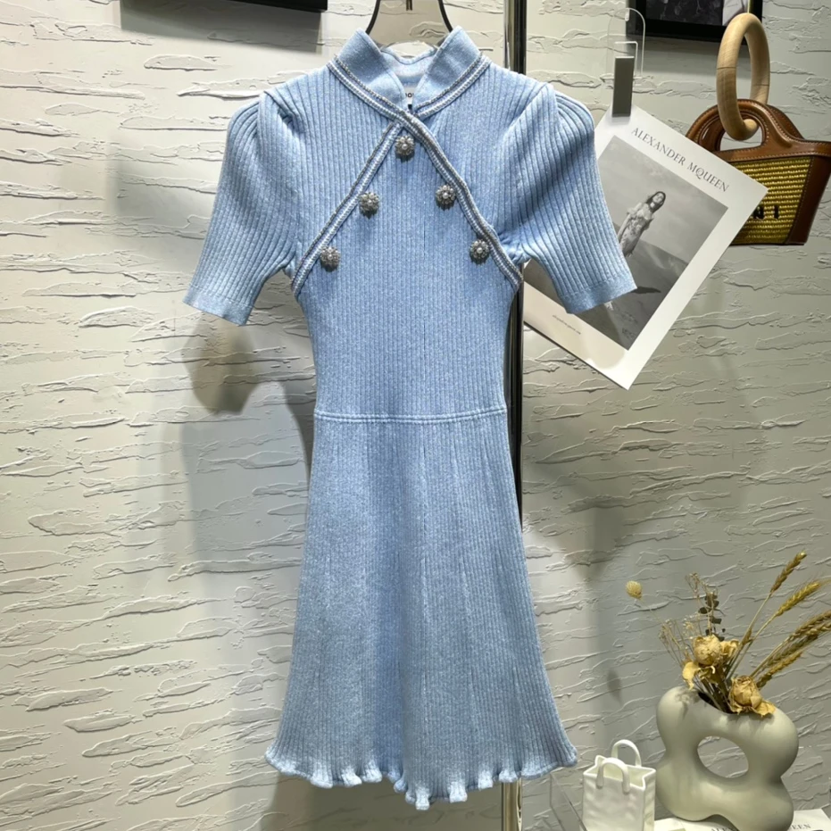 

Высококачественное облегающее мини-платье, женское короткое платье с жемчужными пуговицами и воротником-стойкой, вязаные платья-свитеры с коротким рукавом