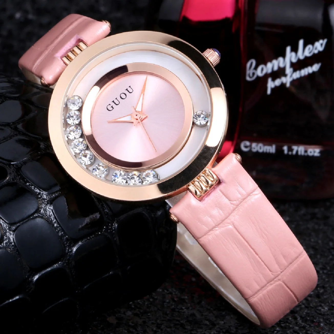 High Quality GUOU Brand Hot Sales Women Rolling Drill Watches Luxury Quicksand Real Leather Gift Watch  Rhinestone Wristwatches enlarge