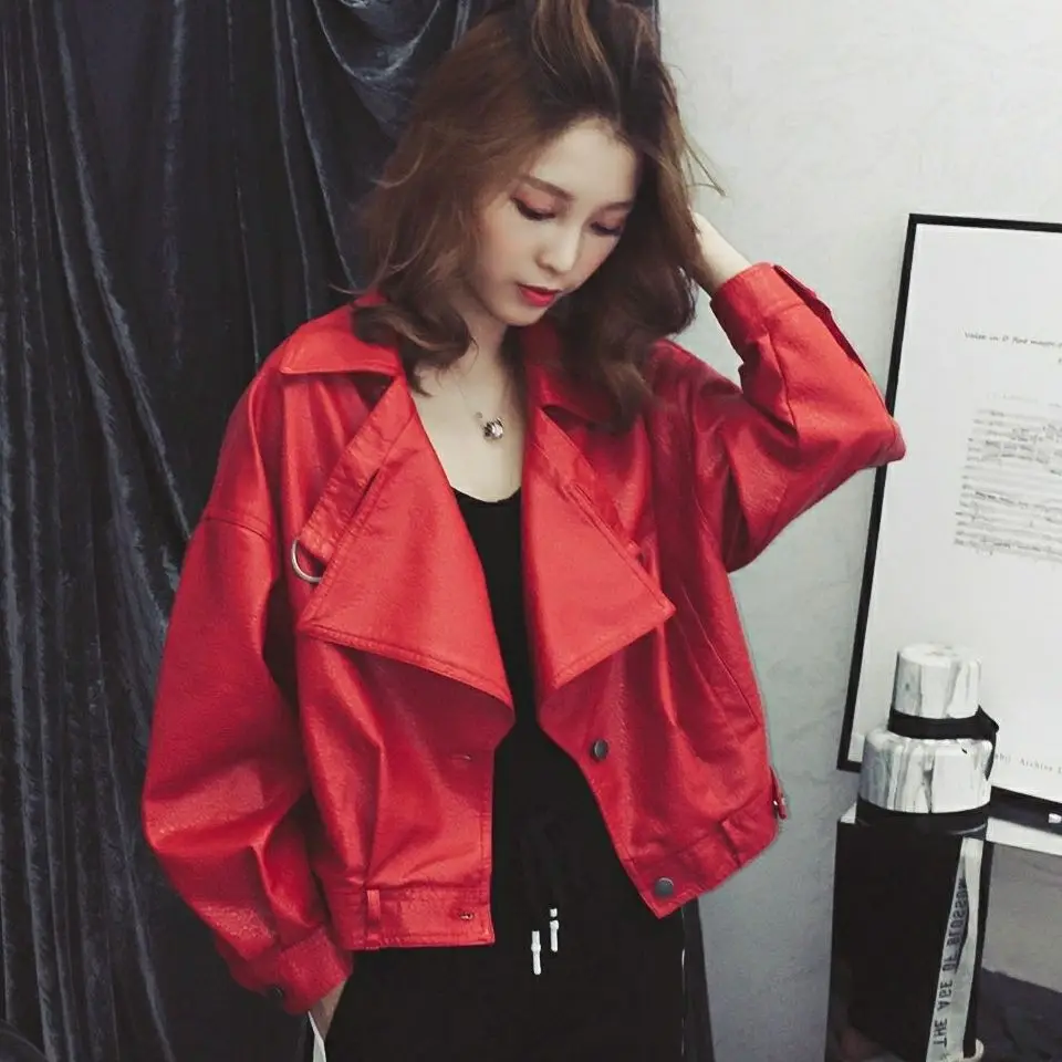 

Spring New Hong Kong Style Casual Short Pu Motorcycle Jacket Women's Loose Leather Jacket Woman Jackets