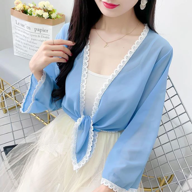 Korean Solid Chiffon Transparent Sun Clothes Cloak Women's Summer Thin Cardigan Outer Jacket Waistcoat Sunscreen Shawl R23