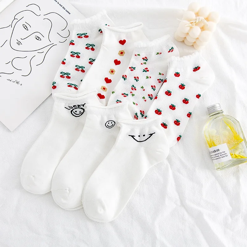 

5 Pairs/Lot Summer Women's White Lace Socks Strawberry Pattern Thin Shallow Boat Socks Jk Japanese Bubble Edge Cotton Socks