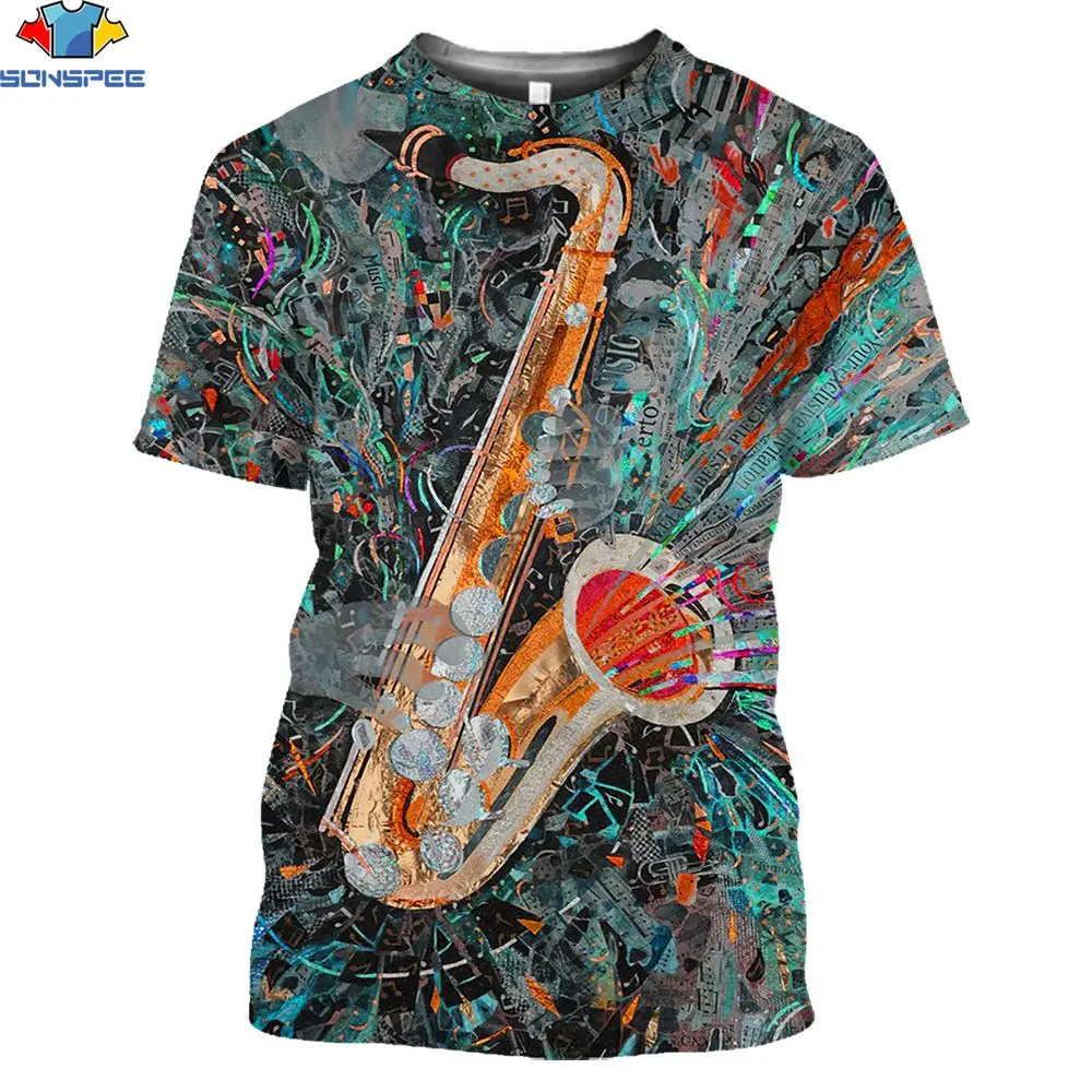 

SONSPEE 3D Print Metal Rock Color Line Men's T-Shirt Retro Saxophone Jazz Music Punk Trend Bar Party Harajuku Hip Hop Unisex Tee