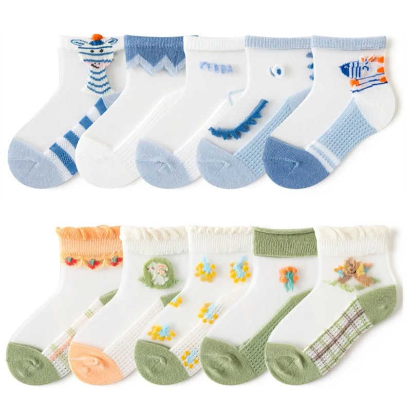 

5 Pairs Girls Boys Thin Socks Baby Breathable Children Short Ankle Socks for 1-12 Years Kids Soft Cotton Lace Princess Mesh Sock