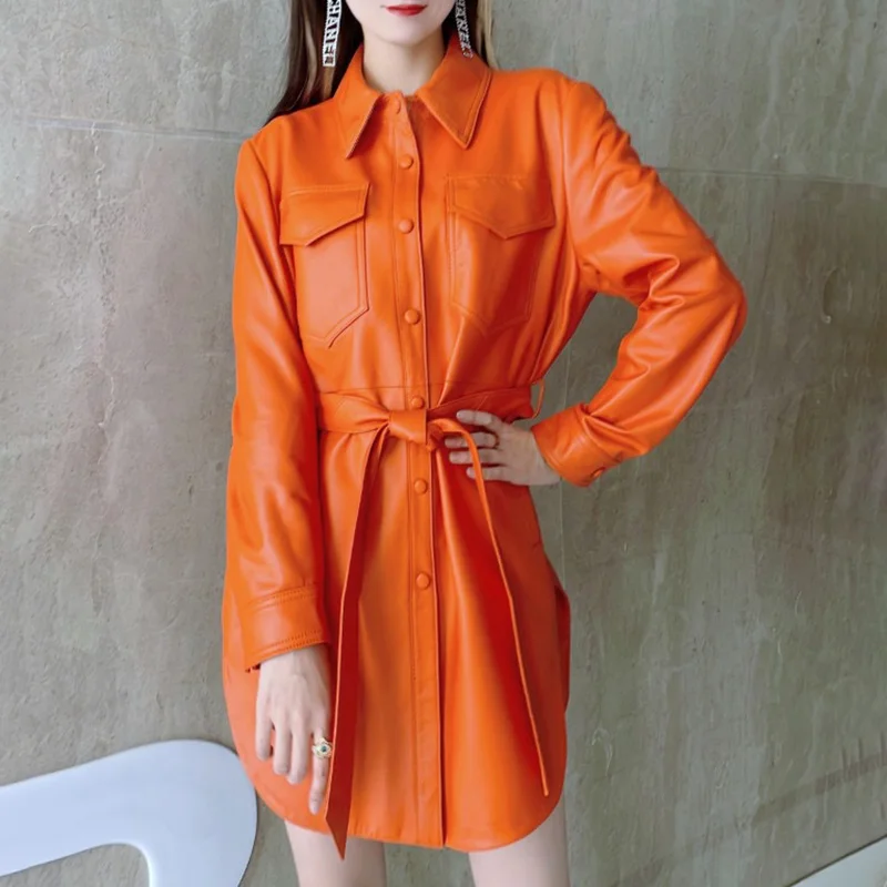 Genuine Sheepskin Leather Jackets 2023 Medium Length Lady Trench Coat With Belt Turn Down Collar FG5451