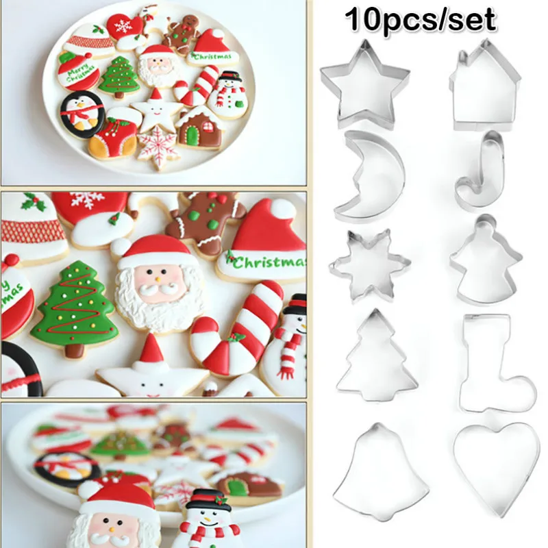 

10Pcs/set Christmas Cookie Cutter Stainless Steel Cut Candy Biscuit Mold Cooking Tools Christmas Theme Cutters Baking Mold