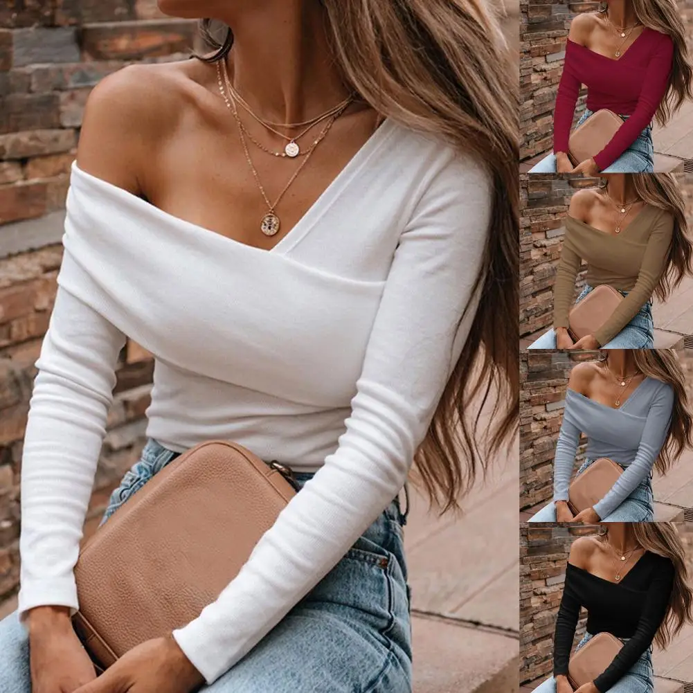 

Women's Sexy Slim Off Shoulder TopsSolid Color Spring Fall Long Sleeve Cross Wrap V Neck Ribbed Knit T Shirt Blouse