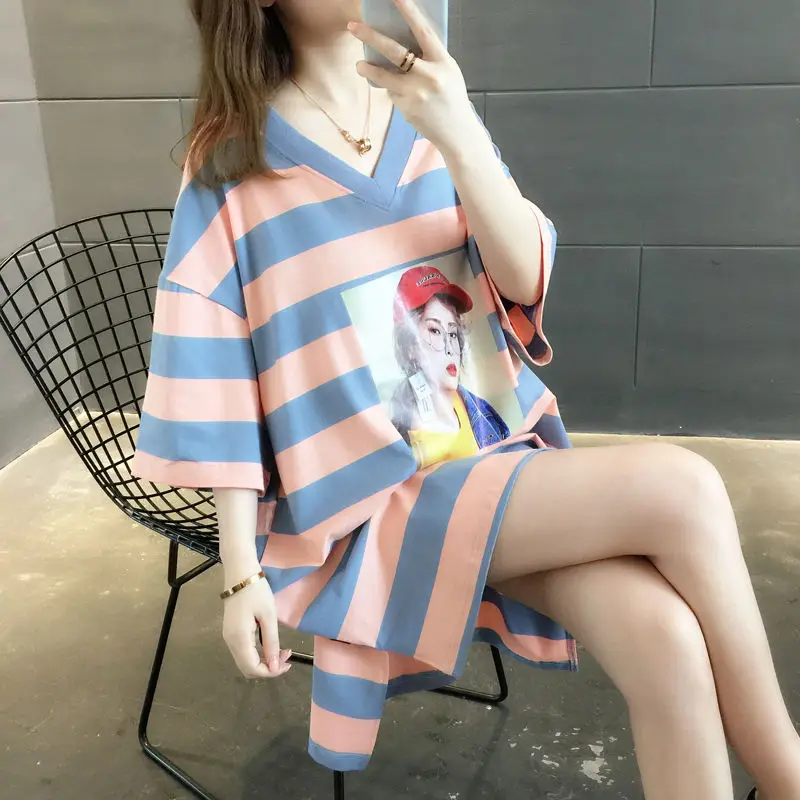 

Pink Tops Women T-shirt Summer Short Sleeve Clothes Midi Loose Fashion Casual Elegant Graphic Pulovers Korean Striped T Shirt