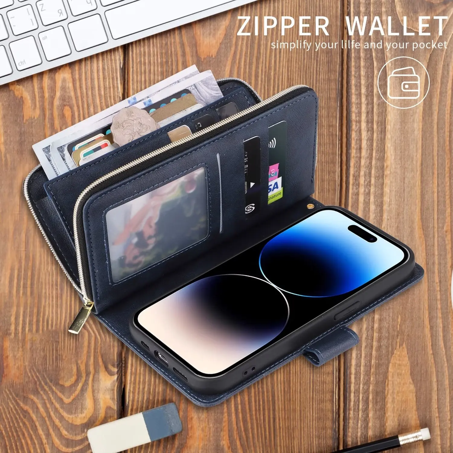 Противоударный чехол-бумажник с 9 отделениями для карт и молнией Iphone 14 plus 13 12 mini 11