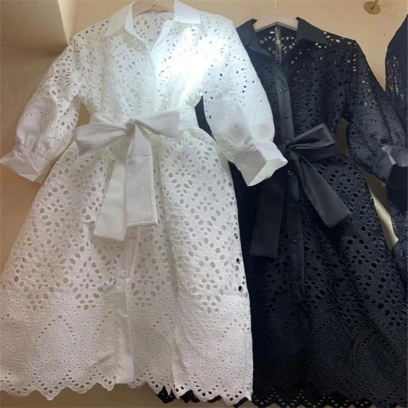 

Lapel mid sleeve embroidery hollow White Shirt Dress lace belt dress women