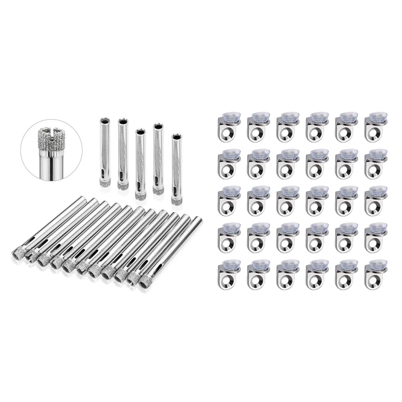 

15x Glass Drill Hole Saw & 30 Pieces Glass Shelf Bracket with Sucker Glass Shelve Support Right Angle Fixing Brackets