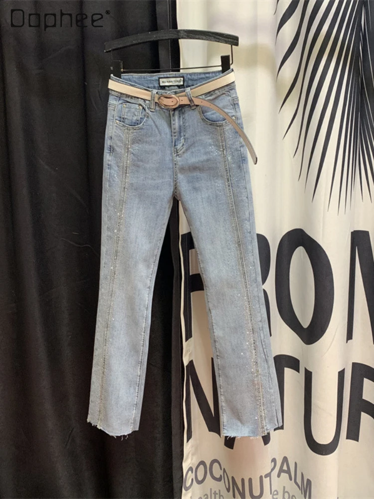 

Woman Elastic Slimming Rhinestone Thin Straight Jean Pants Mujer 2022 Summer New Women's High Waisted Light Blue Slim Fit Jeans