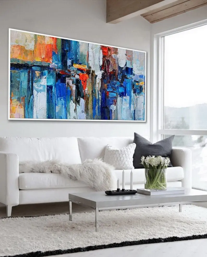 

Palette Knife Oil Painting Hand Painted Colorful Textured Artwork Modern Oversize Abstract Extra Large Wall Art Navy Blue Canvas