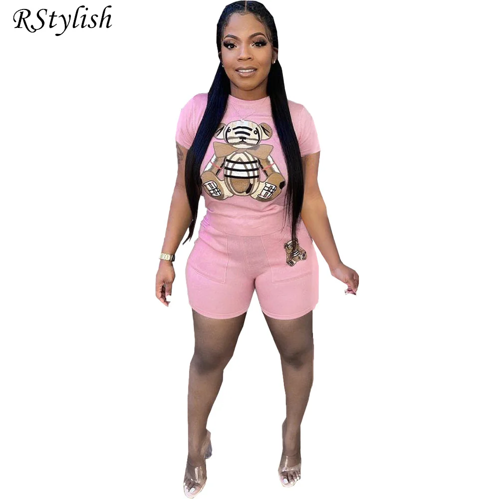 

RStylish Womens Two Piece Sets Cartoon Patch Short Sleeve T Shirts And Shorts Summer Clothes Casual Outfits Joggers Tracksuits