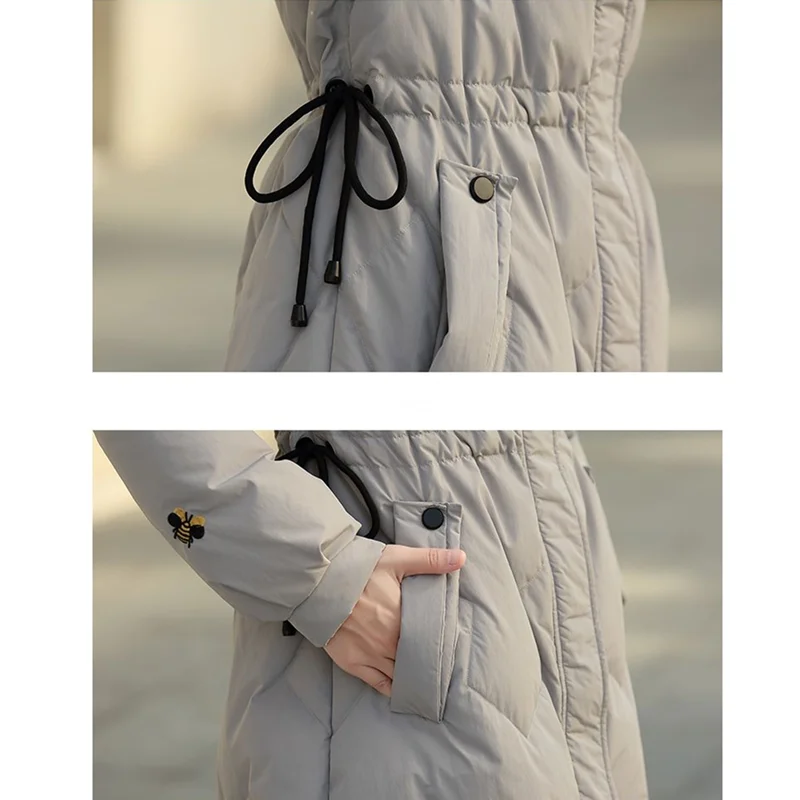 Embroidery Winter Women Long Jacket Hooded Thick Warm Down Cotton Coat Raccoon Fur Collar Parkas Korean Fashion Famale Clothing