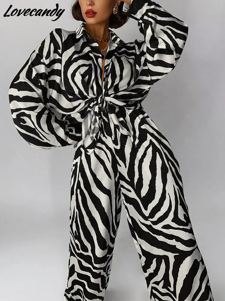 

2022 Spring Women Fashion Retro Stripes Long Sleeve Shirt Two Piece Set Female Casual Simple Lapel Blouse And Wide Leg Pant Suit