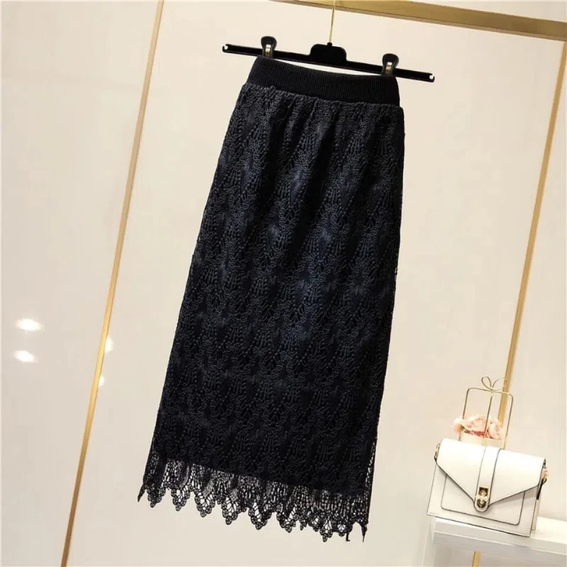 Корейская мода осень женская однотонная эластичная кружевная ажурная одежда с