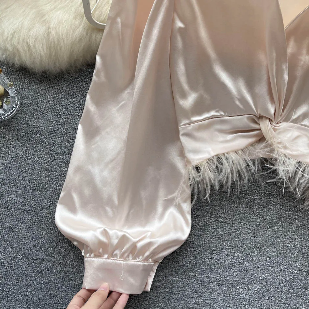 Женская атласная рубашка с длинным рукавом элегантный укороченный топ