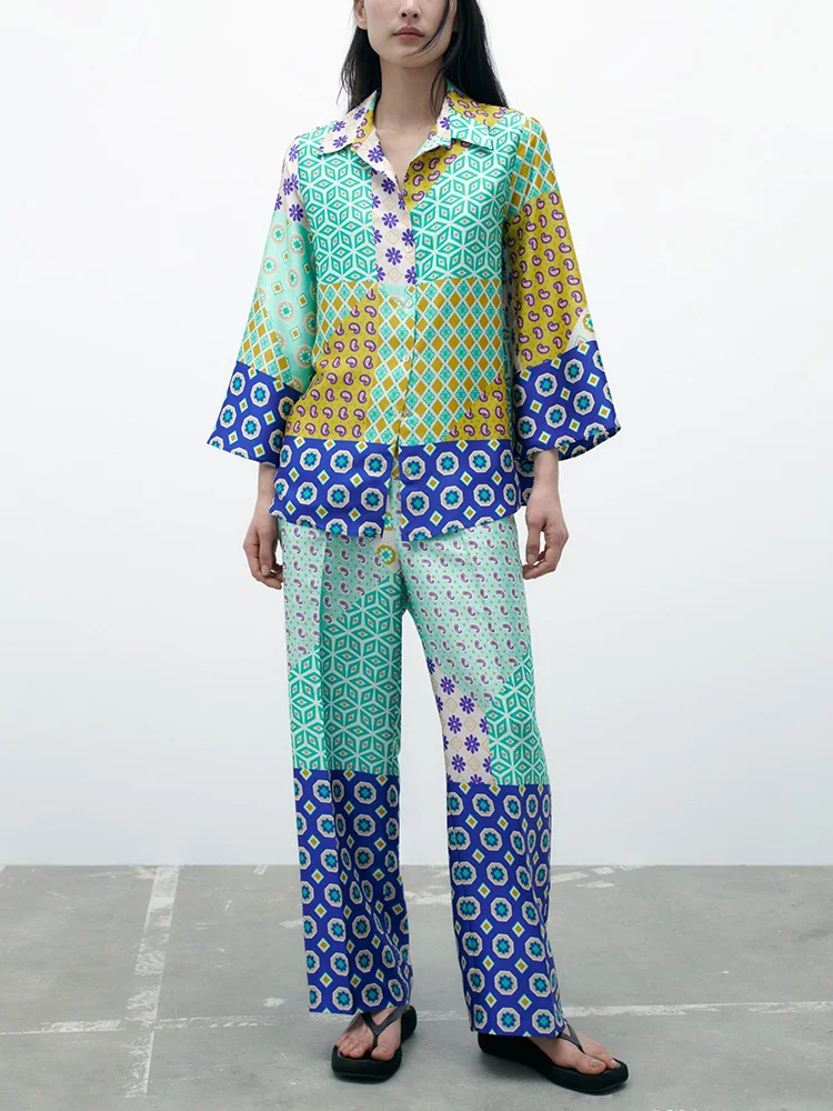 

2023 Fashion Vintage Patchwork Print Pant Sets For Women Shirt And Straight Leg Pants New In Matching Sets Womens Outfits