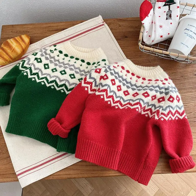 

9M-8Y Autumn Winter Children's Sweater Cotton Baby Boy Girl Knitted Sweater Long Sleeves Warm Cartoon Baby Christmas Clothes