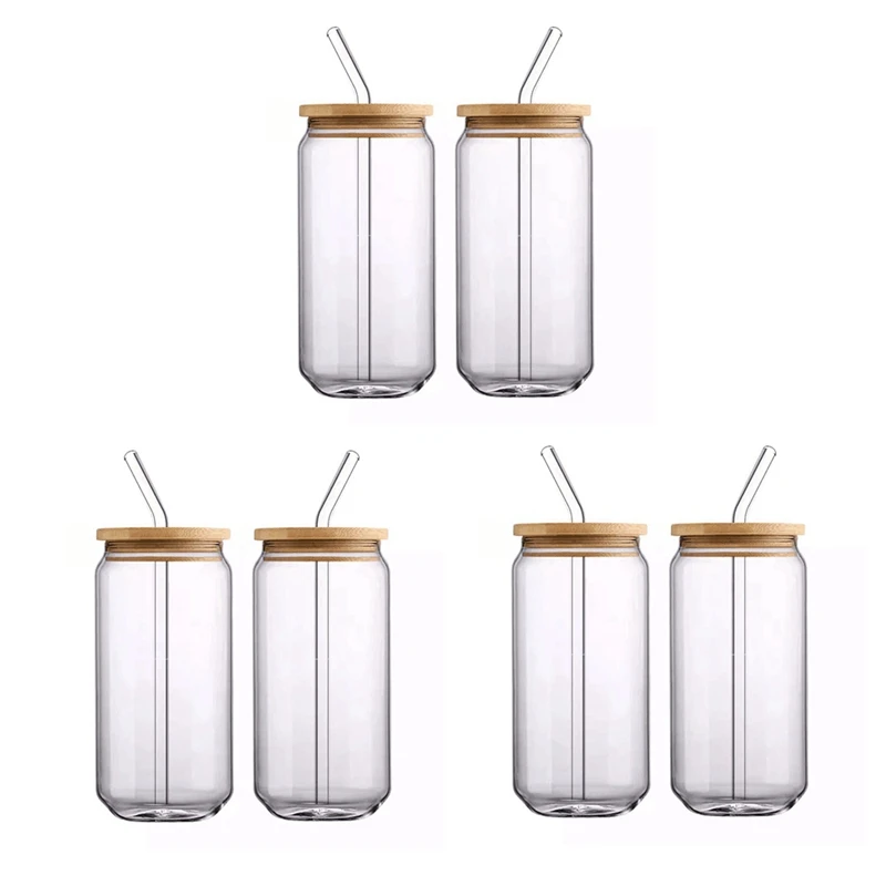 

[ 6Pcs Set ] Glass Cups With Bamboo Lids And Glass Straw - Beer Can Shaped Drinking Glasses, 16 Oz Iced Coffee Glasses