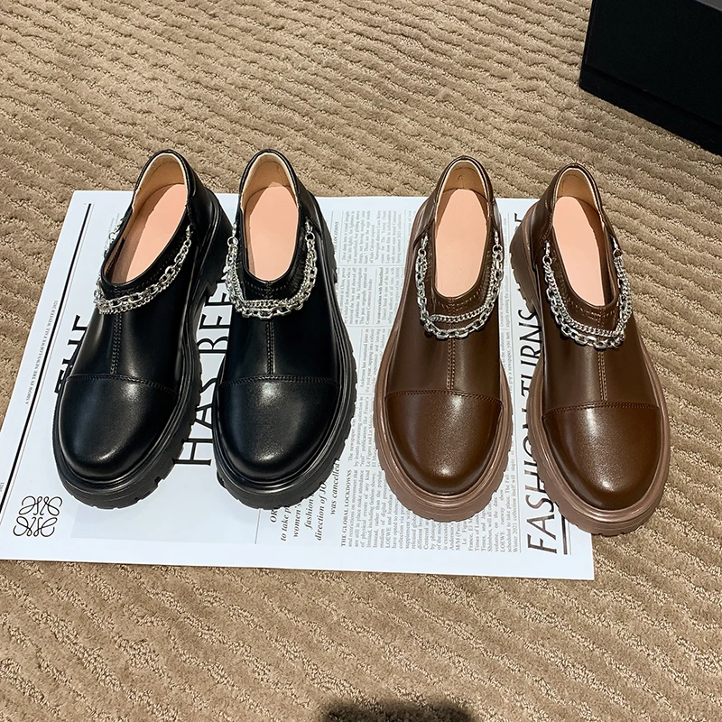 

Ranbetty Platform Loafers for Women Flats Shoes Chunky Heels Shoes Genuine Leather Round Toe With Chains Women Shoes Punk Style