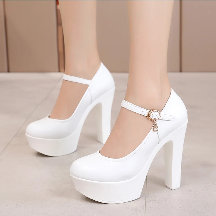 2022 New Soft Leather Shoes Women Thick Platform Square High Heels Mary Janes Buckle Pointed Toe Spring Pumps Big Size A0008