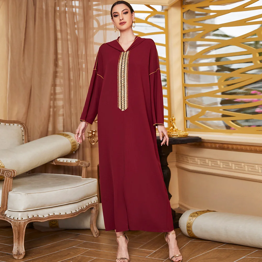 

Wine Red Embroidery Hooded Muslim Robe Loose Casual Long National Style Dress
