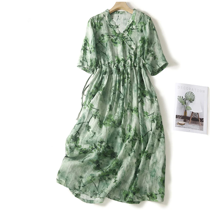 Lightweight Cotton Linen Green Women Dress Summer Vintage Drawstring Slim Knee-Length Elegant Female Clothing Top Quality