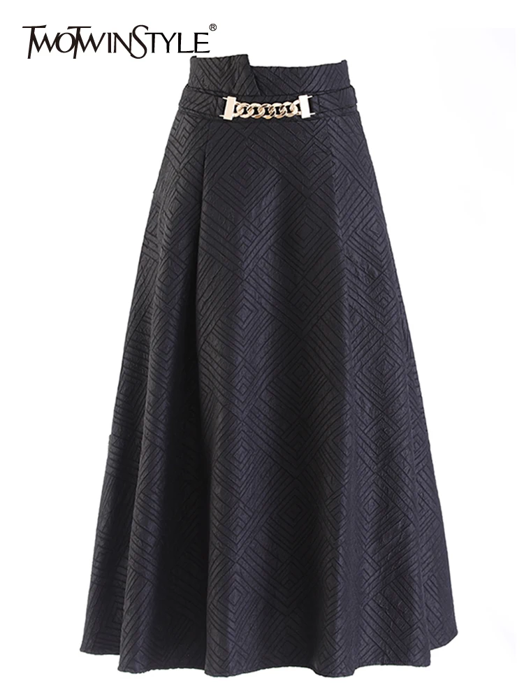 

TWOTWINSTYLE Loose Jacquard Skirt For Women High Waist Patchwork Chain Solid Minimalist Vintage Midi Skirts Female Clothing 2022