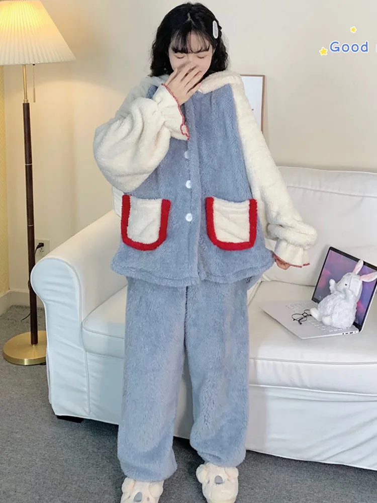 KIMOKOKM Sweet Princess Style Tracksuit Kawaii Bow Hooded Soft Full Sleeve Top Coral Fleece Pajamas Home Girly Two-Piece Suit