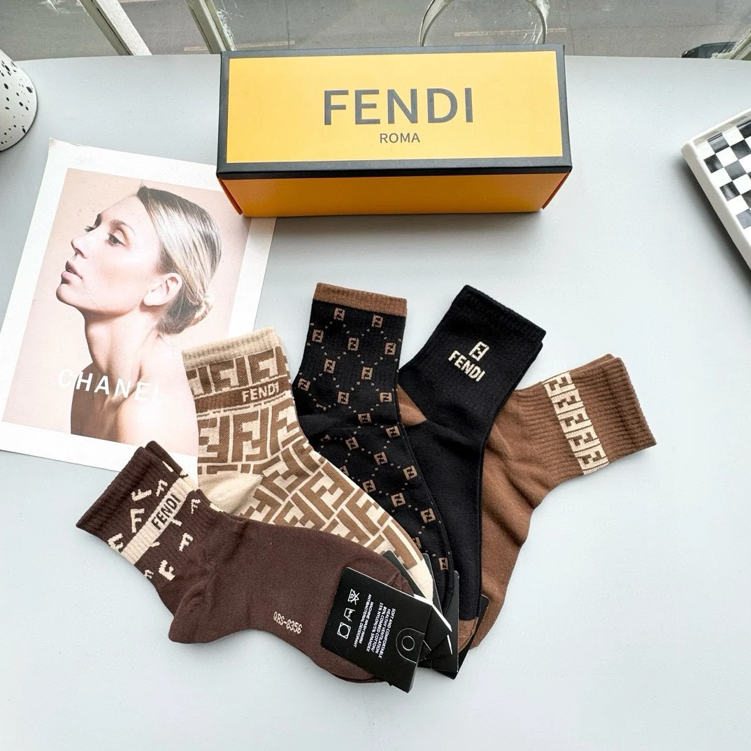 Носки Fendi 5 пар дышащие Носки мужские женские хлопковые мягкие впитывающие пот