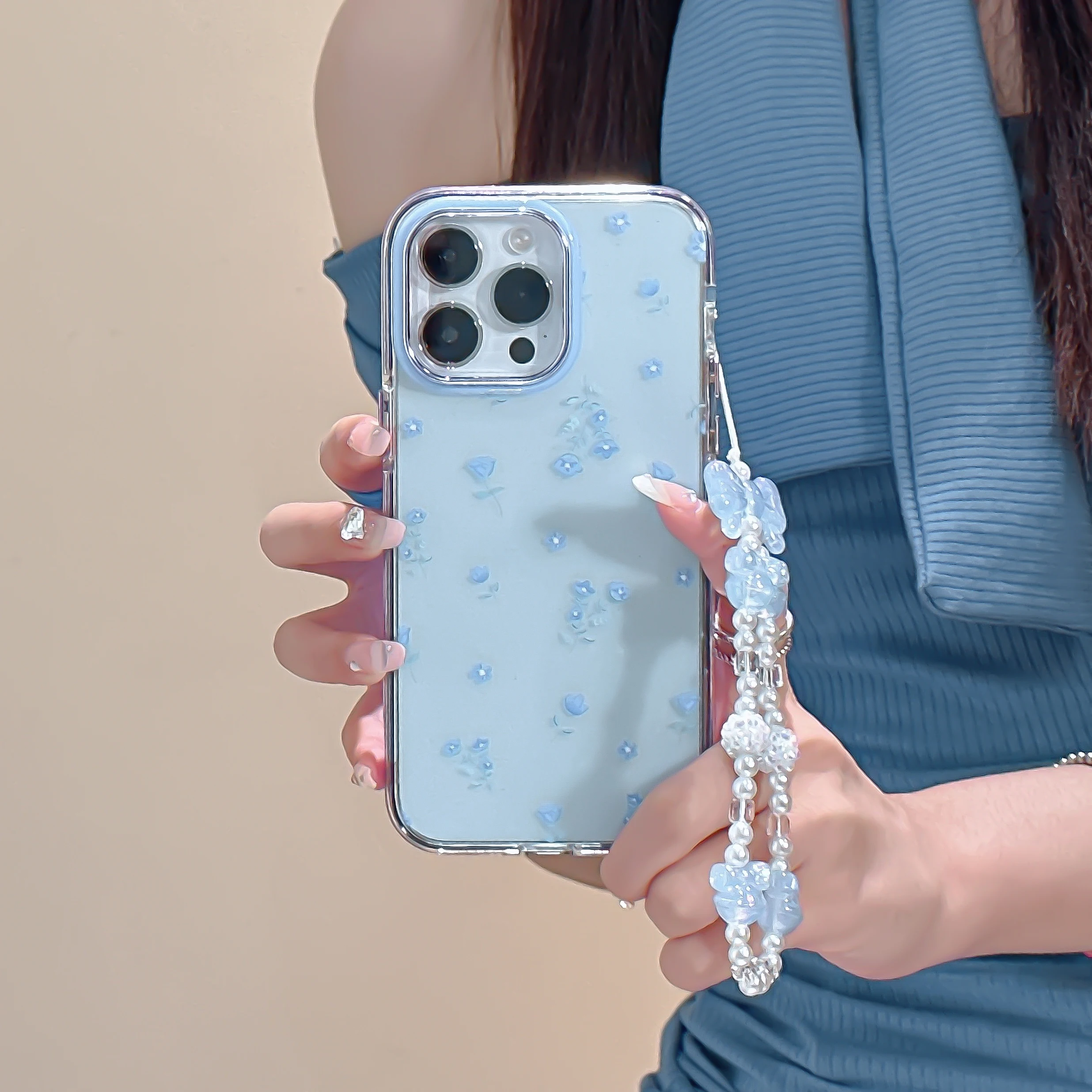 Милый чехол в Корейском стиле с жемчужинами, бабочками и цепочкой на запястье для iPhone 14 13 ProMax 13 12 11 ProMax, мягкий IMD чехол-накладка с ремешком на руку